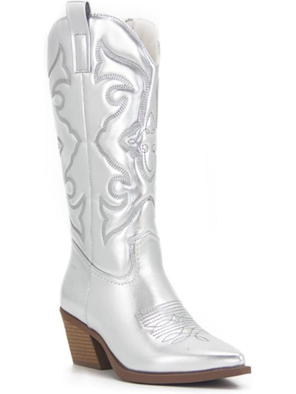 Women’s Silver Knee High Cowboy Boots Wide Calf Embroidered Pointed Toe Western